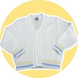 Vintage 80s Boys Sweater White Blue Yellow Cardigan 24 Month Golf Preppy Tennis